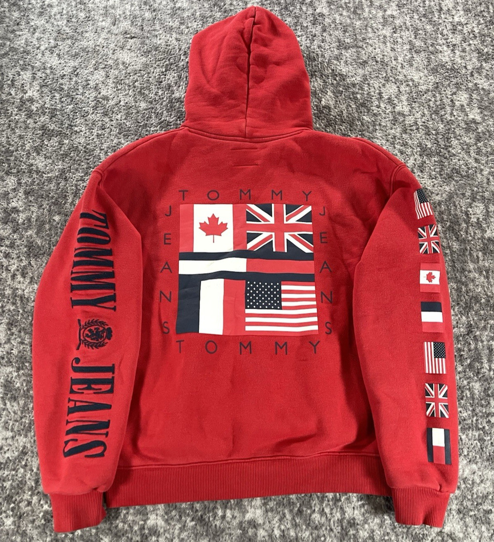 Tommy Jeans Mens S Red International Flag Graphic Pullover Hoodie Spellout